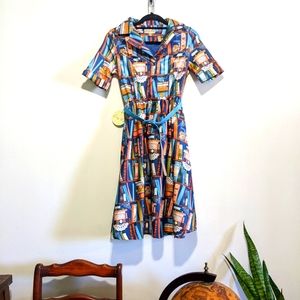 Lindy Bop Bletchley Book Print Shirt Swing Dress US 4 UK 8